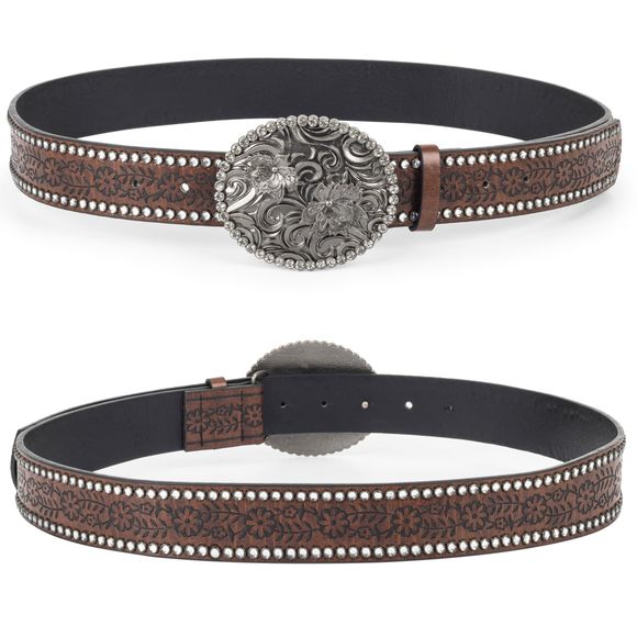 Rhinestone Western Cowboy Belts For Women, Pu-leather Brown Floral Embossed💫 - Picture 5 of 9